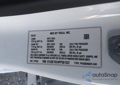 2023 Tesla Model 3 Performance Dual Motor All-Wheel Drive z USA, uszkodzony, nr VIN 5YJ3E1EC4PF581537